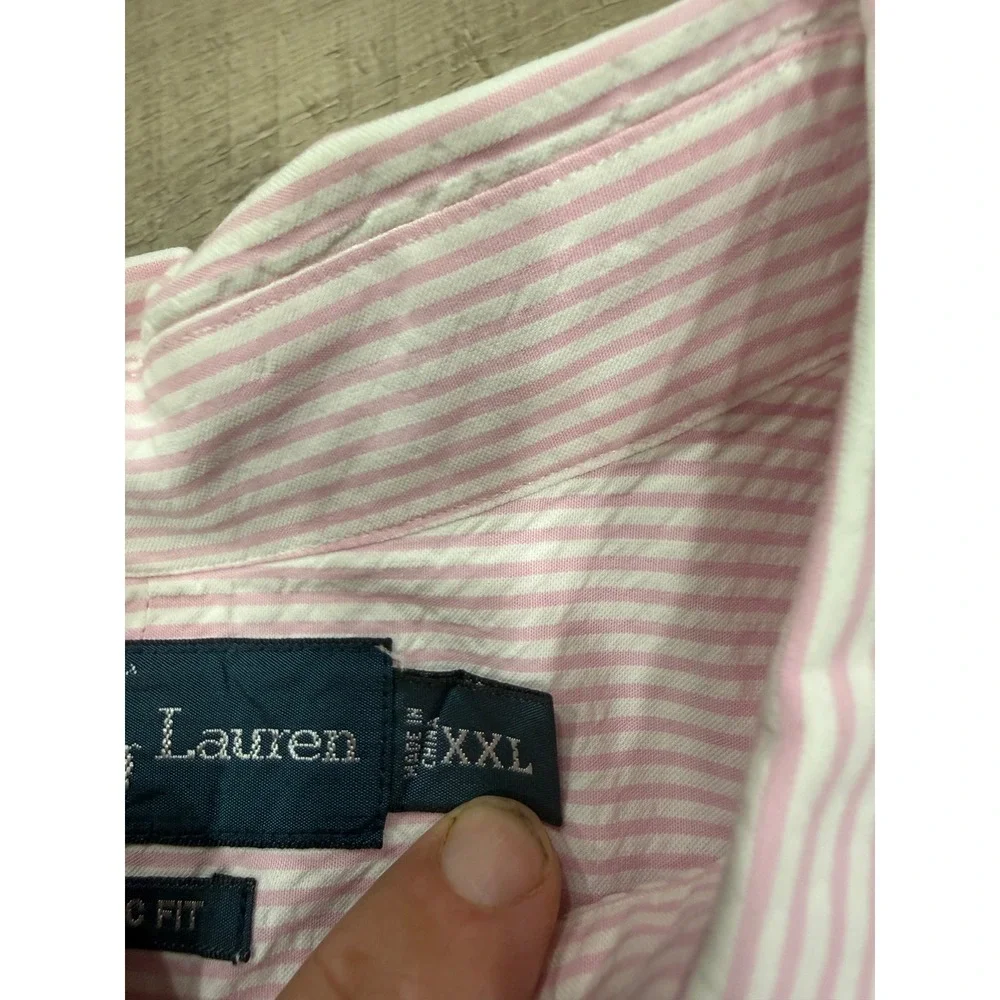 Polo Ralph Lauren Mens XXL Pink White Striped Seersucker Short Sleeve Shirt Logo